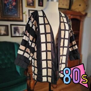Vintage 80s YAK MAGIK Unisex Black White Kimono Geometric Pattern Jacket Small